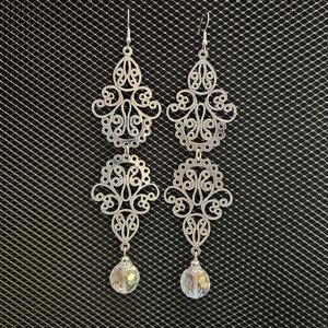 Long antique silver filigree earrings with clear button glass crystal dangle